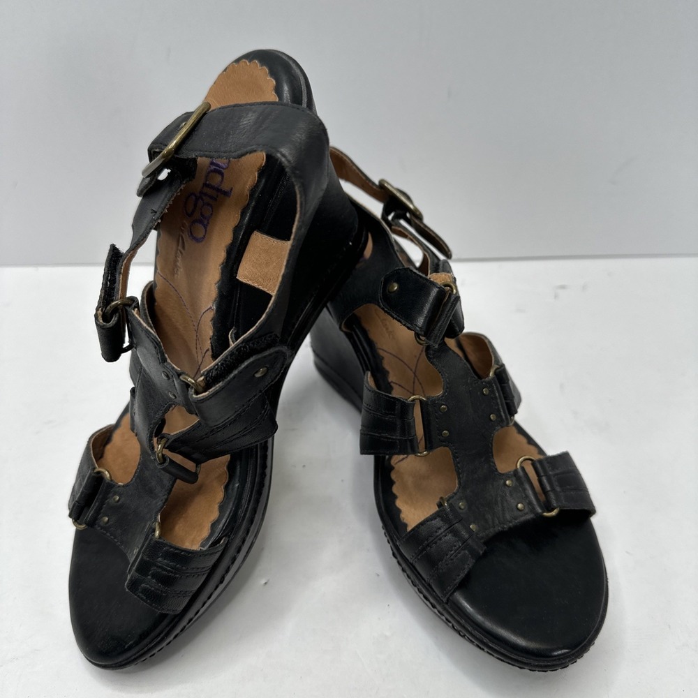 Indigo By Clarks Euro Style Leather Strappy Wedge Sandals Black Sz 8‎ M